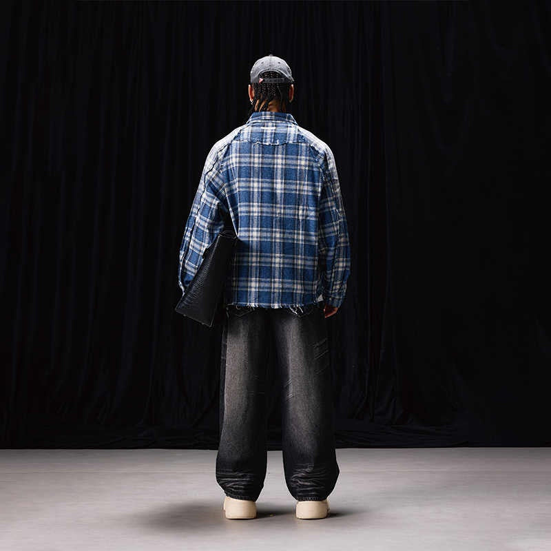 Chemise à carreaux en flanelle bleue, style automne