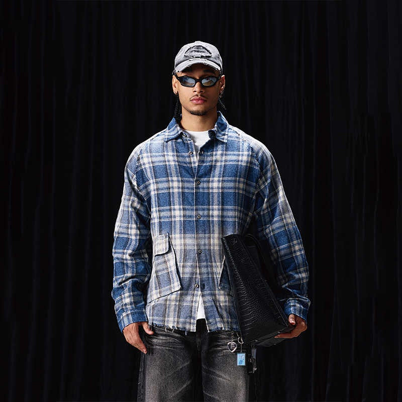 Chemise à carreaux en flanelle bleue, style automne