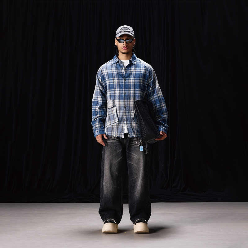 Chemise à carreaux en flanelle bleue, style automne