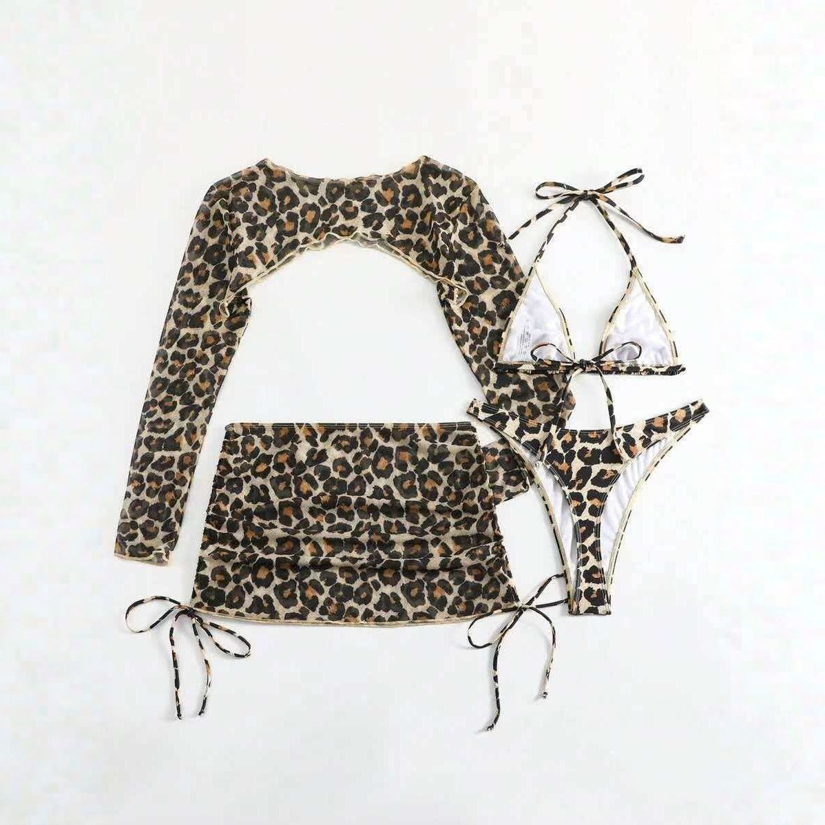 Maillot de bain deux-pièces ou quatre-pièces sexy à lacets, imprimé léopard européen et américain