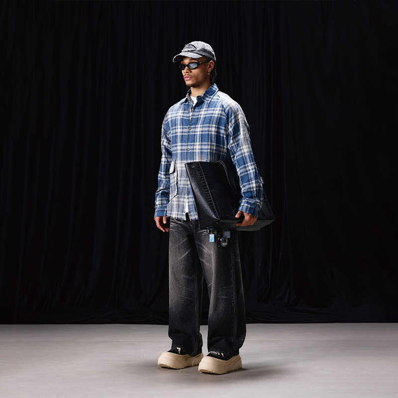 Chemise à carreaux en flanelle bleue, style automne